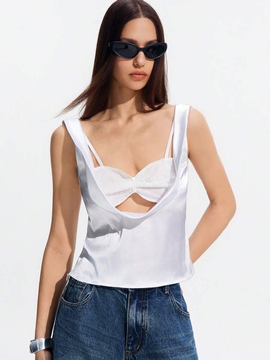 SHEIN BIAŁY SATYNOWY TOP NA RAMIĄCZKACH PK01__L