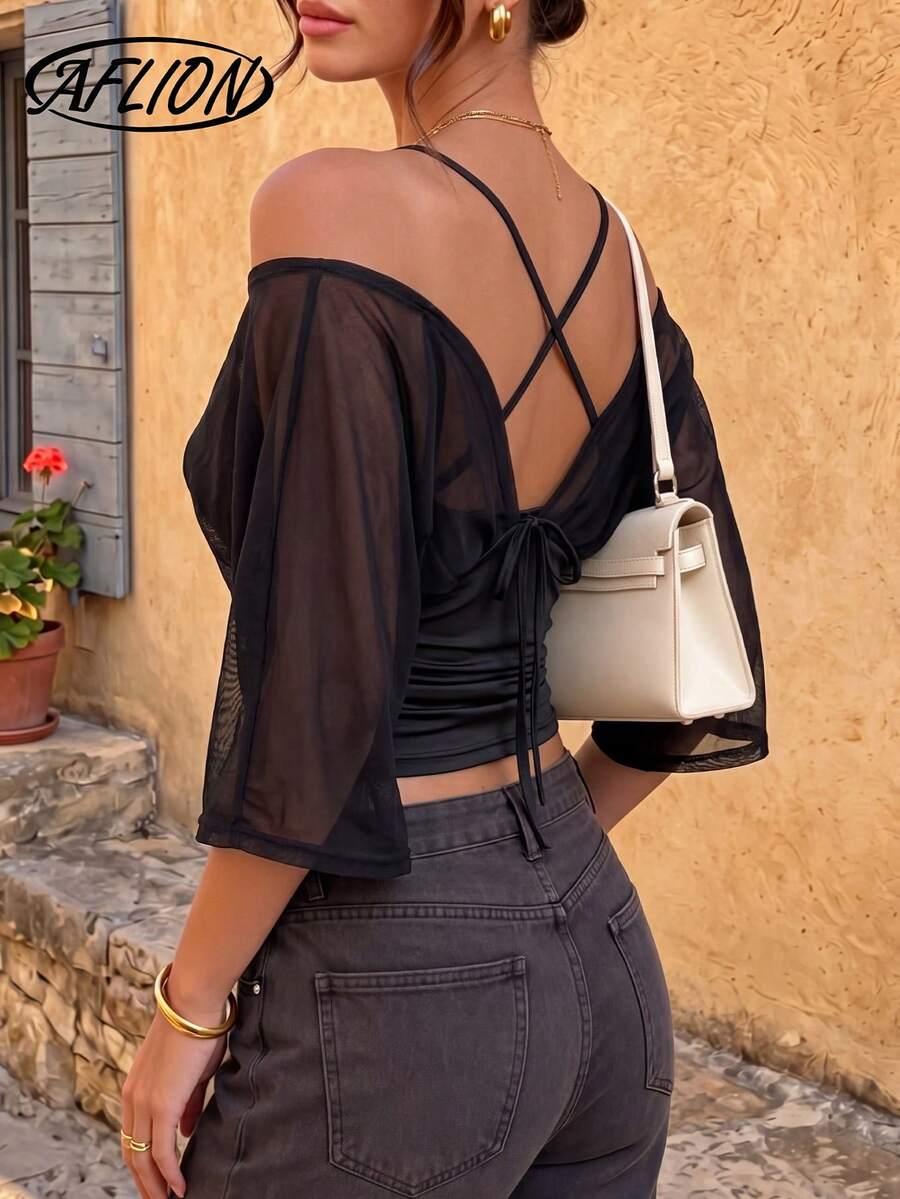 SHEIN CZARNY TOP ŁĄCZENIE SIATECZKA WIĄZANIE PK01__S