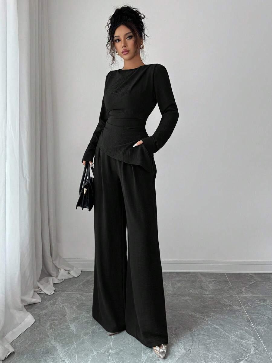 SHEIN CZARNY KOMPLET BLUZKA SPODNIE S06__XL