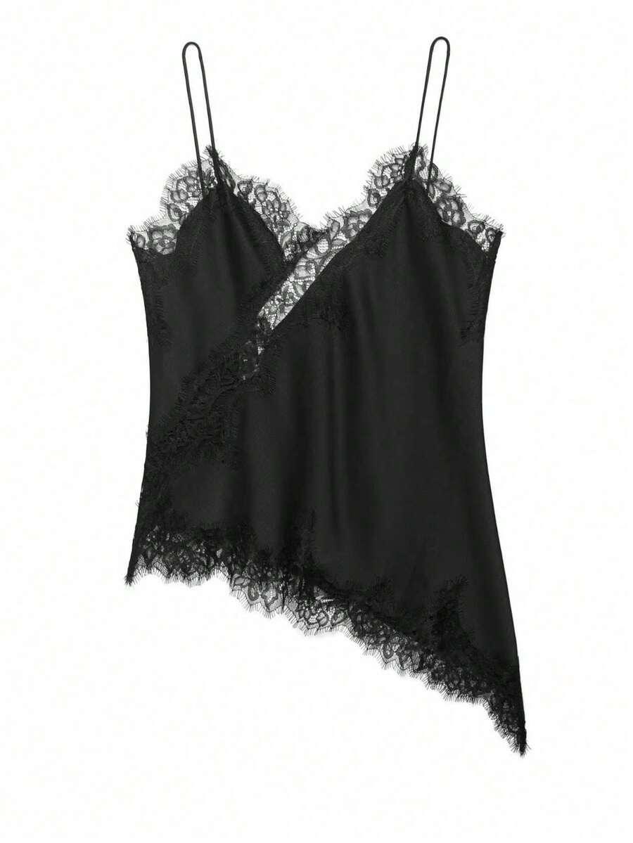SHEIN CZARNY ASYMETRYCZNY TOP KORONKA S06__L