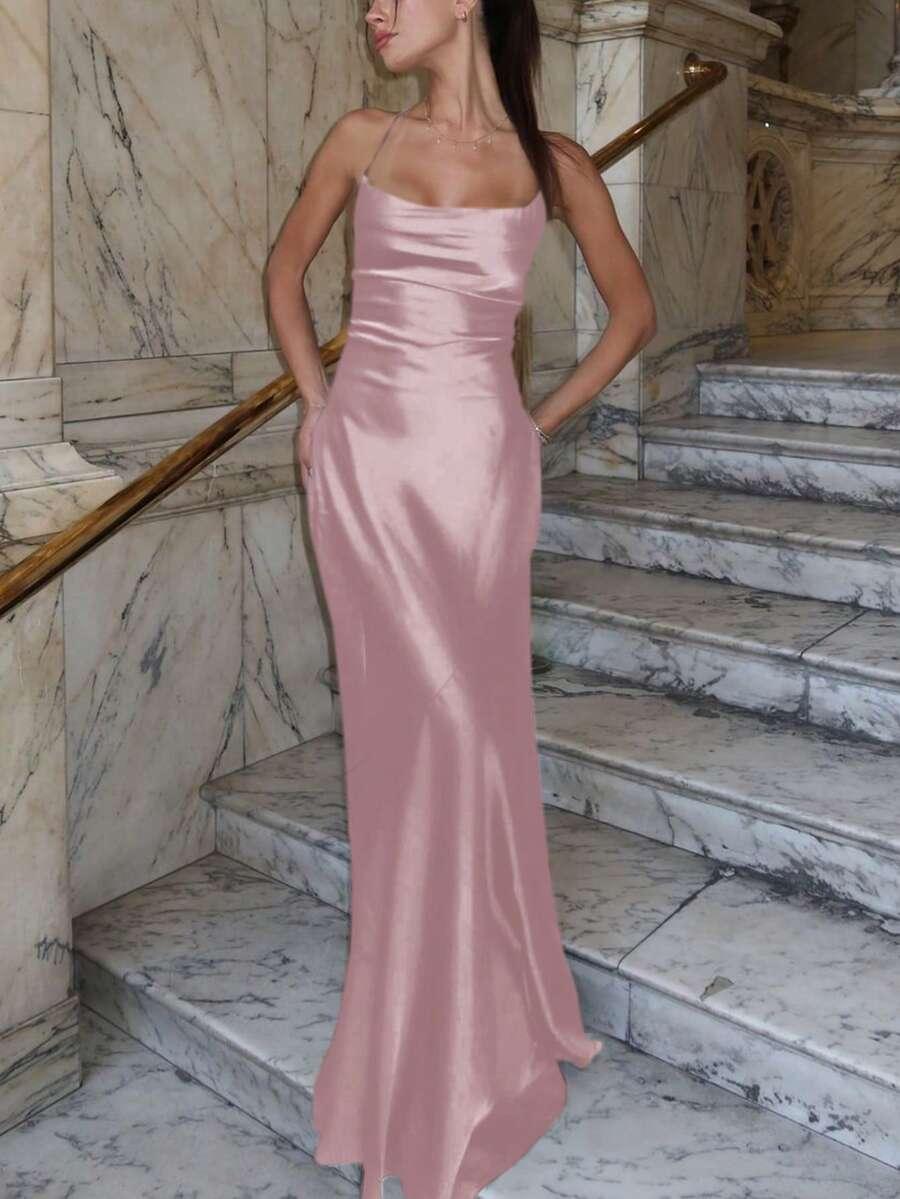 SHEIN RÓŻOWA SATYNOWA MAXI SUKIENKA ODKRYTE PLECY PK01__XS