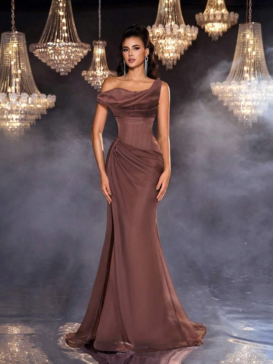 SHEIN BRĄZOWA MAXI SUKIENKA S06__L