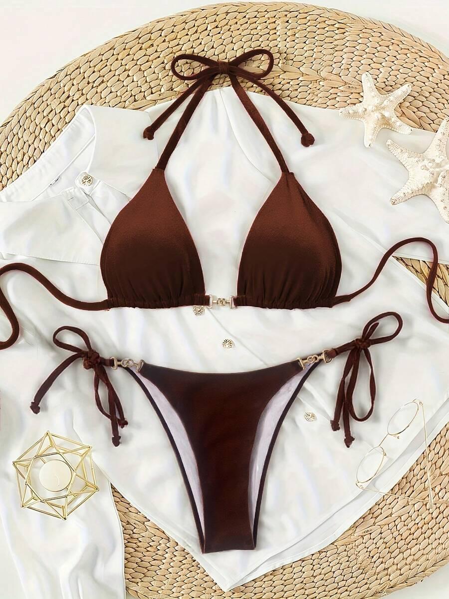 SHEIN BRĄZOWY DWUCZĘŚCIOWY STRÓJ KĄPIELOWY S09__L