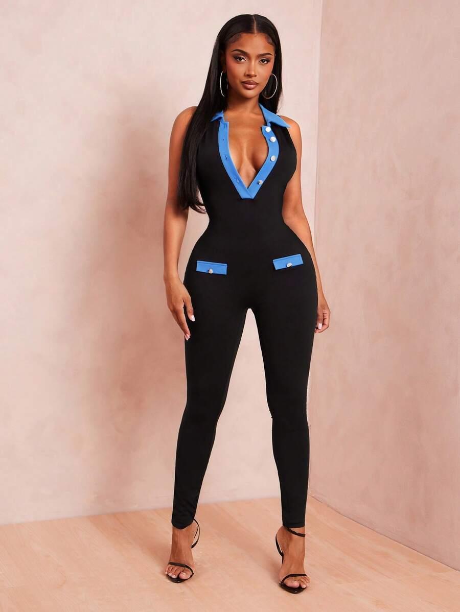 SHEIN CZARNY KOMBINEZON GUZIKI S06__XS
