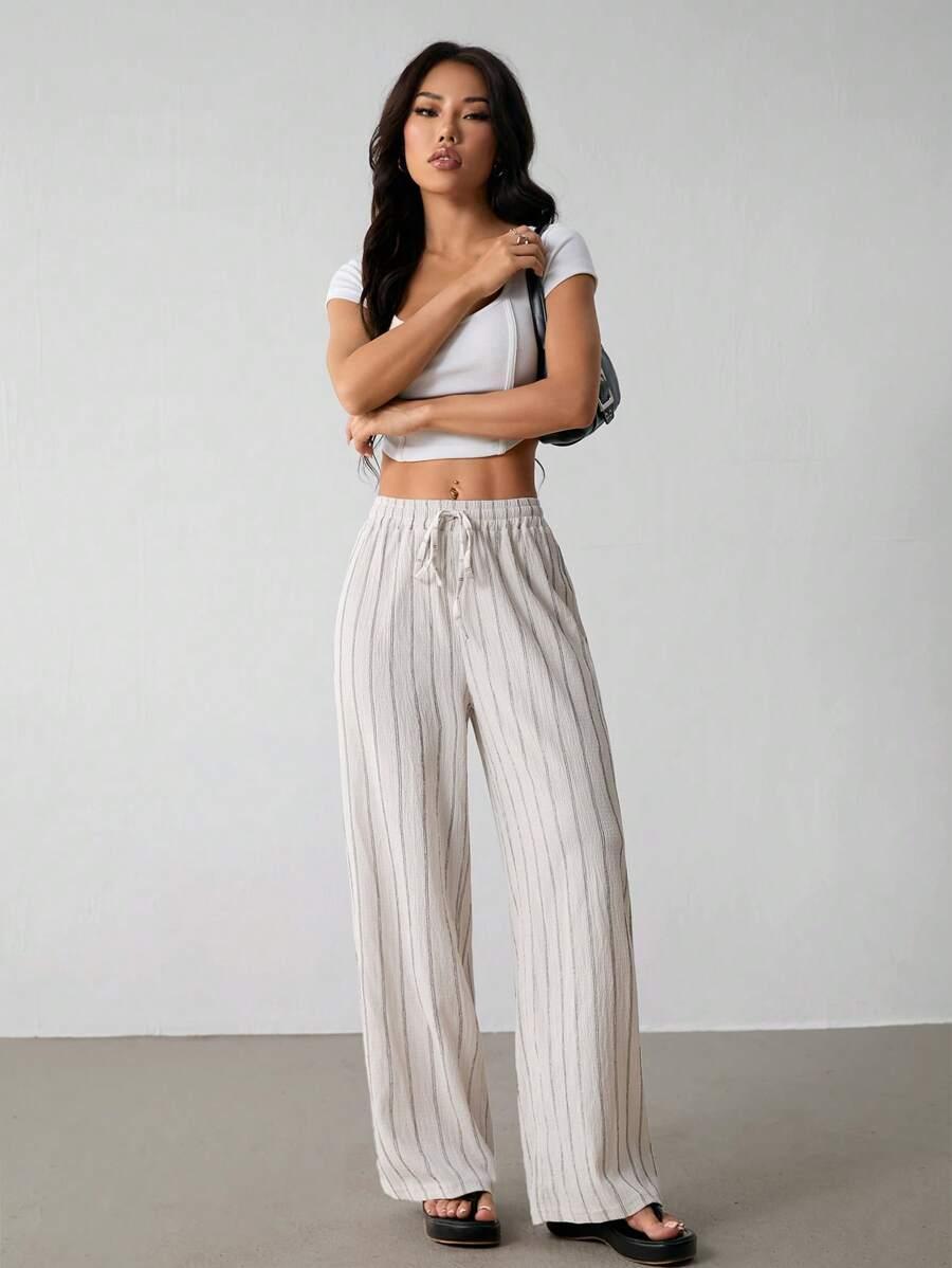 SHEIN BEŻOWE SPODNIE W PASKI S06__M