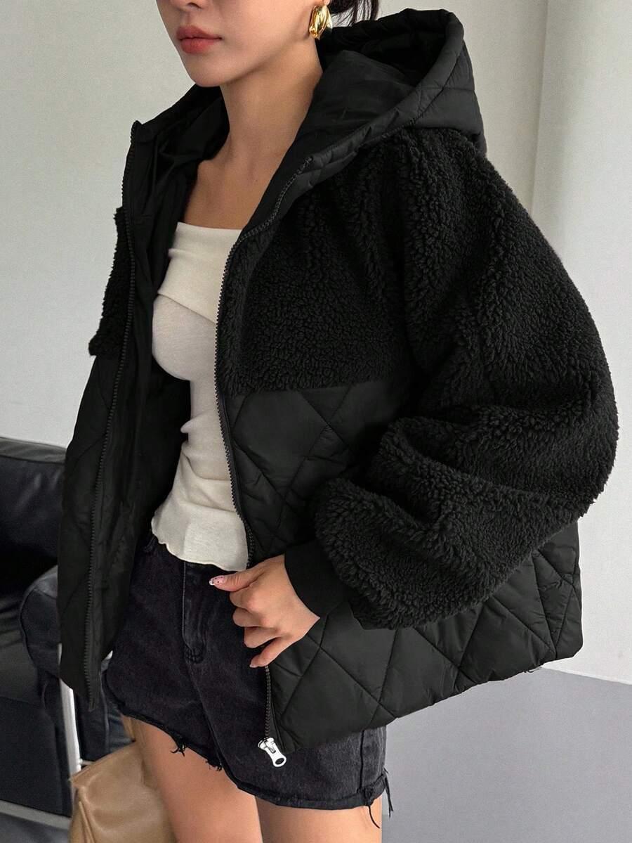 SHEIN CZARNA PIKOWANA KURTKA Z KAPTUREM W01__M