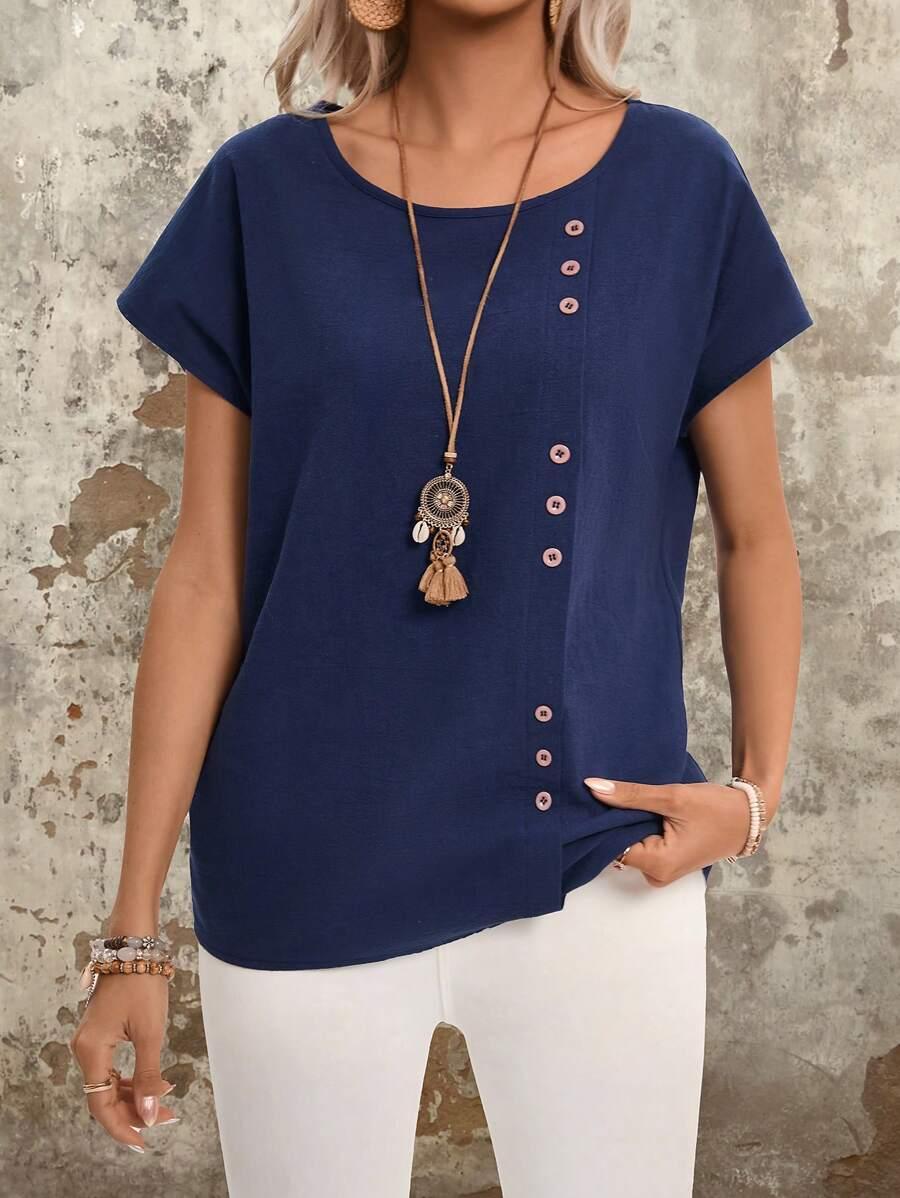 SHEIN GRANATOWA BLUZKA KRÓTKI RĘKAW S06__L