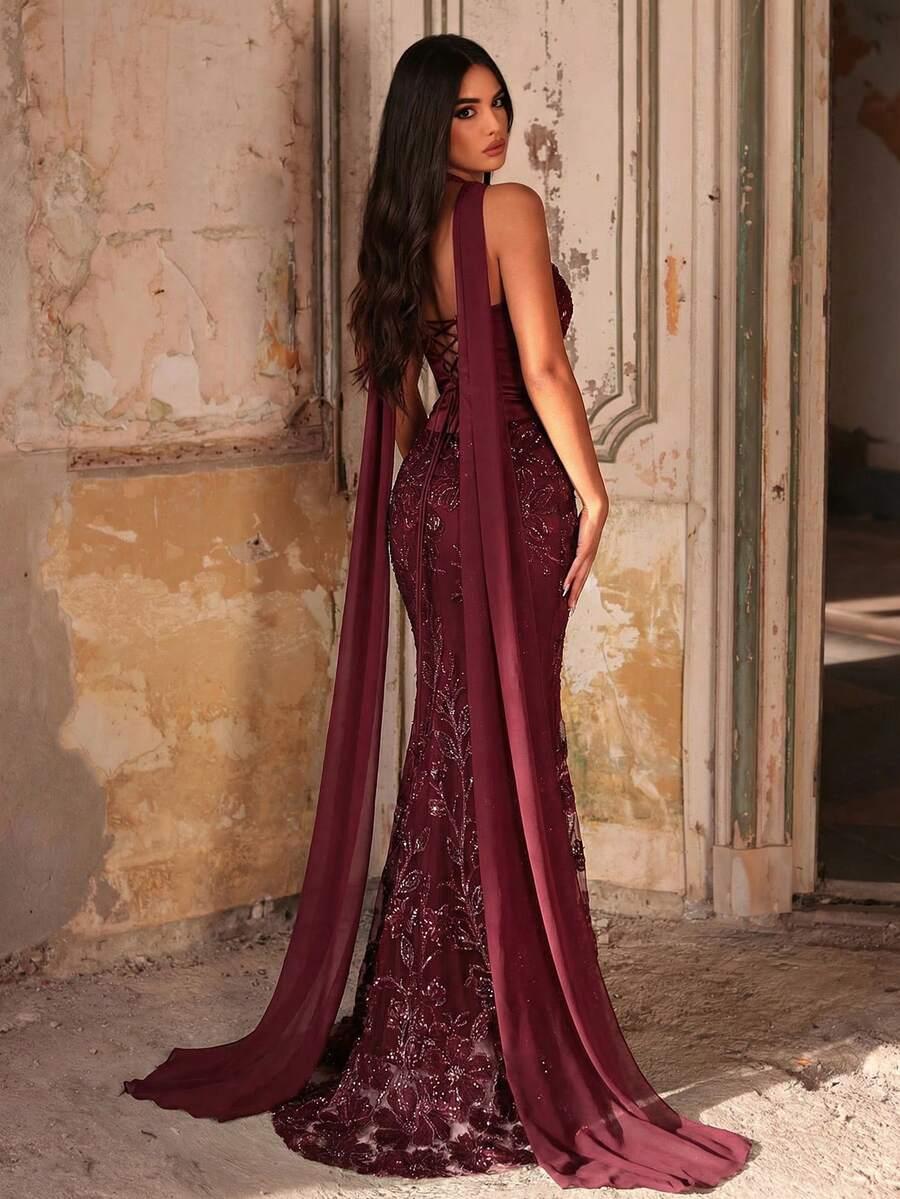 GLAMRAE CZERWONA MAXI SUKIENKA ZDOBIENIE S06__S