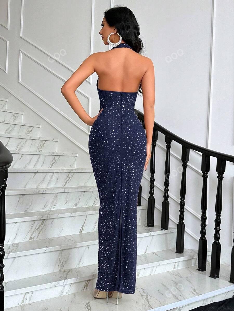 QQFASHION GRANATOWA MAXI SUKIENKA ZDOBIENIA S06__S