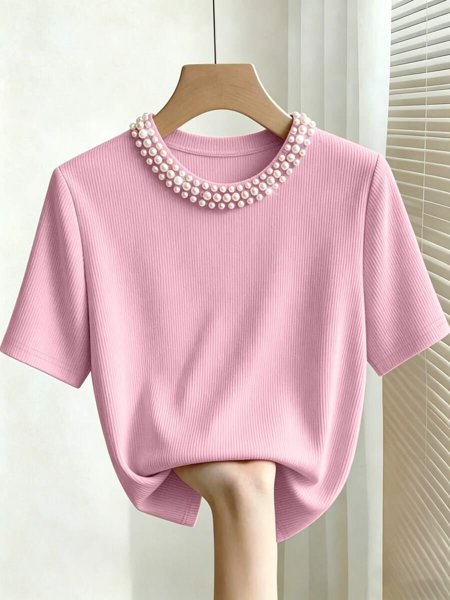 EMERY ROSE RÓŻOWY T-SHIRT ZDOBIENIE S06__S