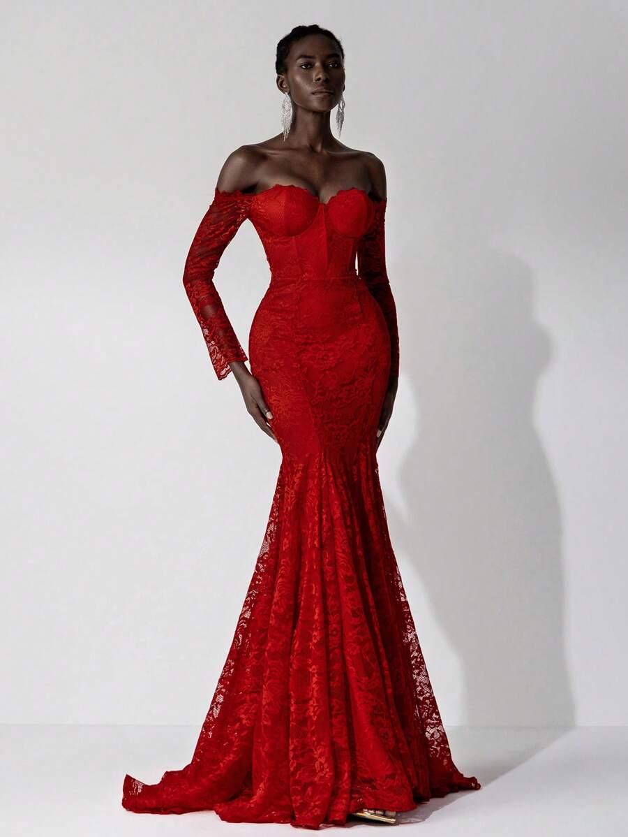 SHEIN CZERWONA MAXI SUKIENKA KORONKA S06__S