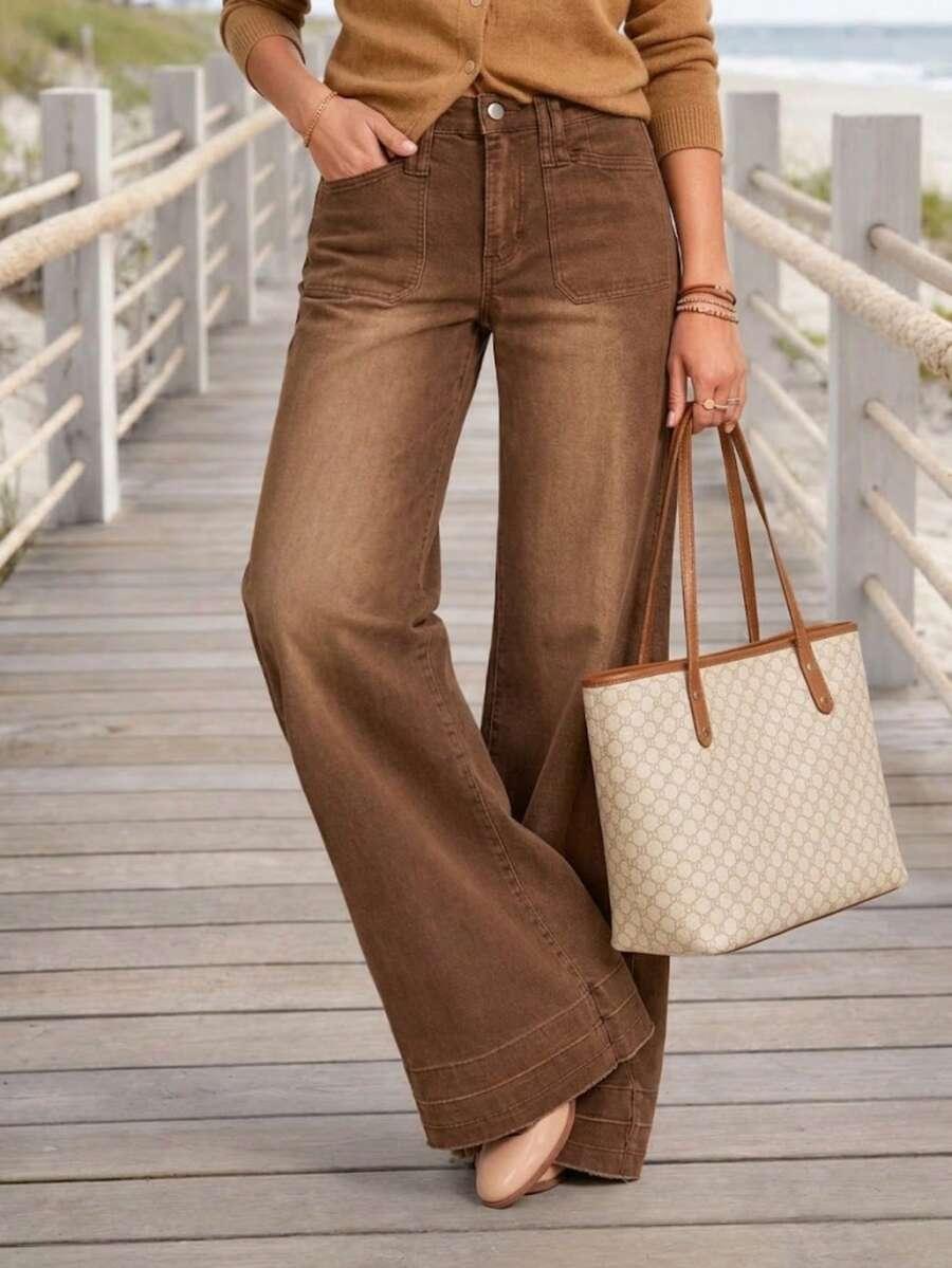 QIFXER BRĄZOWE SPODNIE JEANS PROSTA NOGAWKA KIESZENIE S06__XL