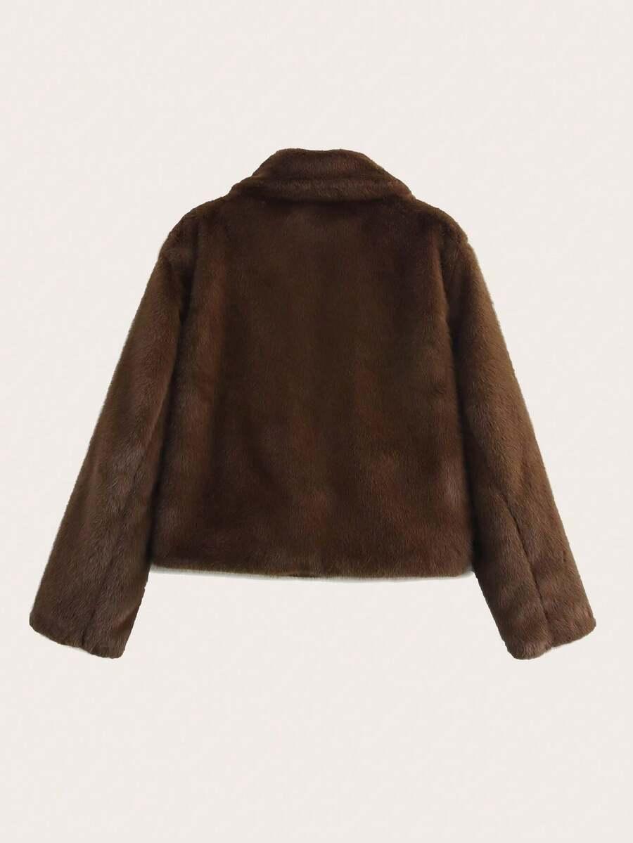 SHEIN BRĄZOWE FUTRO KOŁNIERZ W01__L