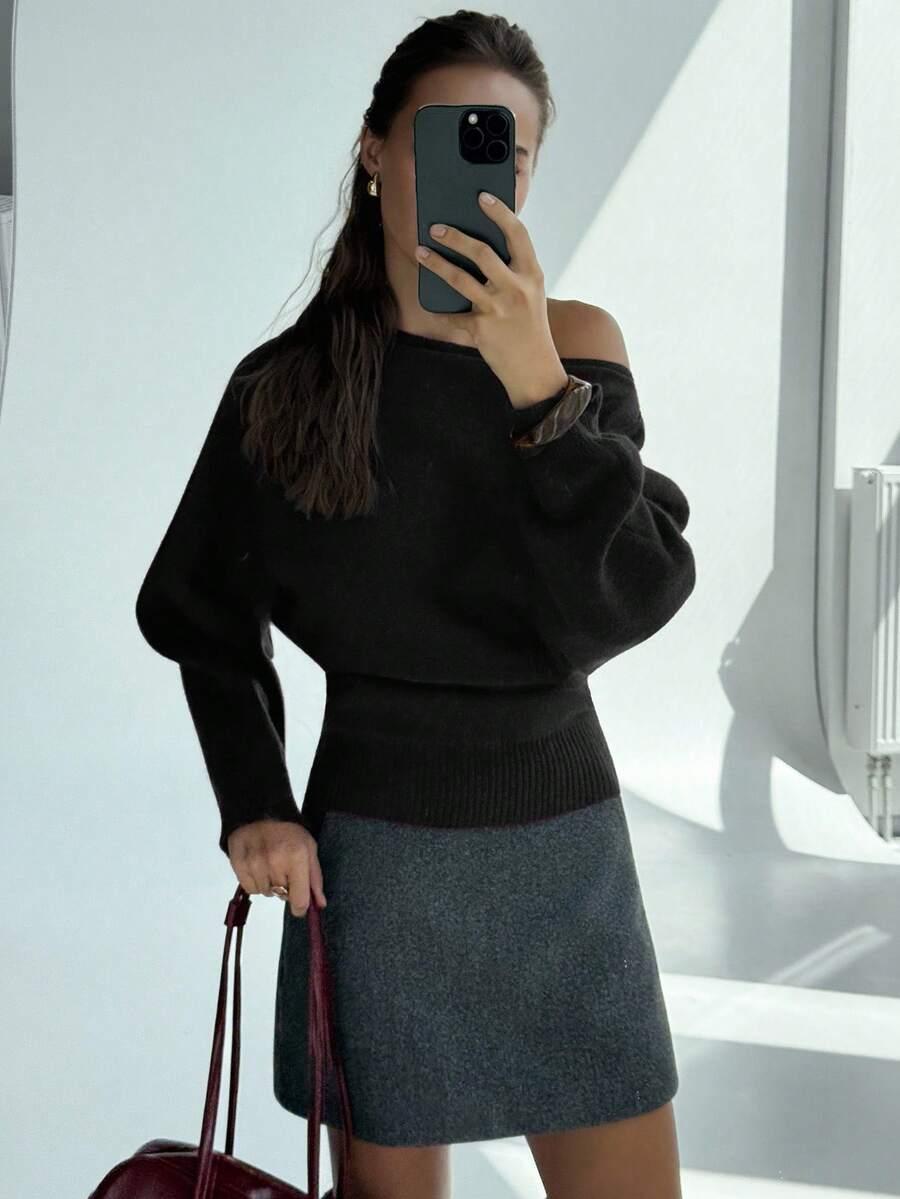 SHEIN CZARNY ASYMETRYCZNY SWETER S06__M