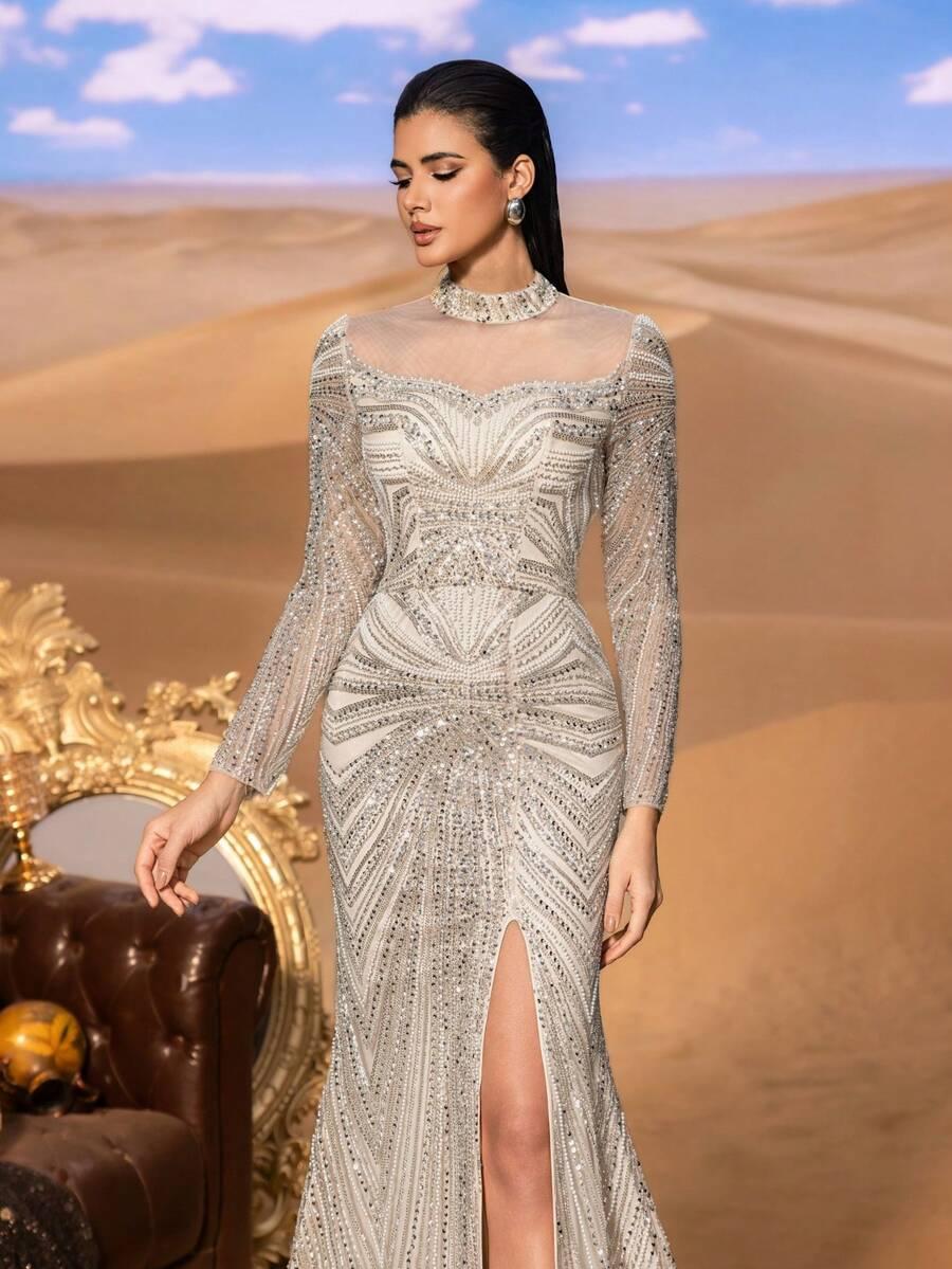 SHEIN BEŻOWA MAXI SUKIENKA ZDOBIENIE S06__L