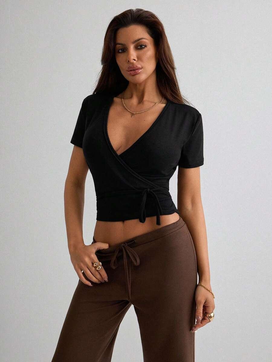 SHEIN CZARNA BLUZKA KRÓTKI RĘKAW WIĄZANIE S06__XL