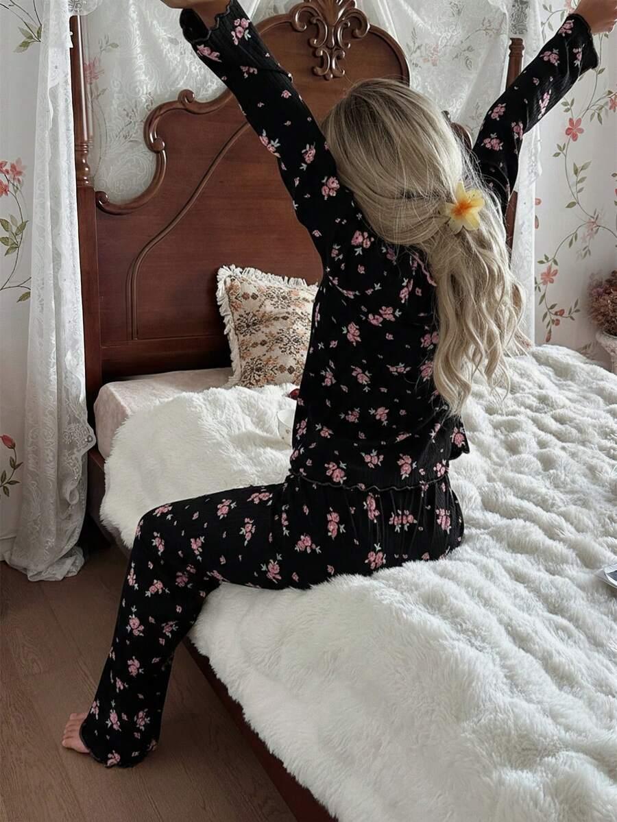 SHEIN PIŻAMA KOMPLET BLUZKA SPODNIE PRINT KWIATY S06__L