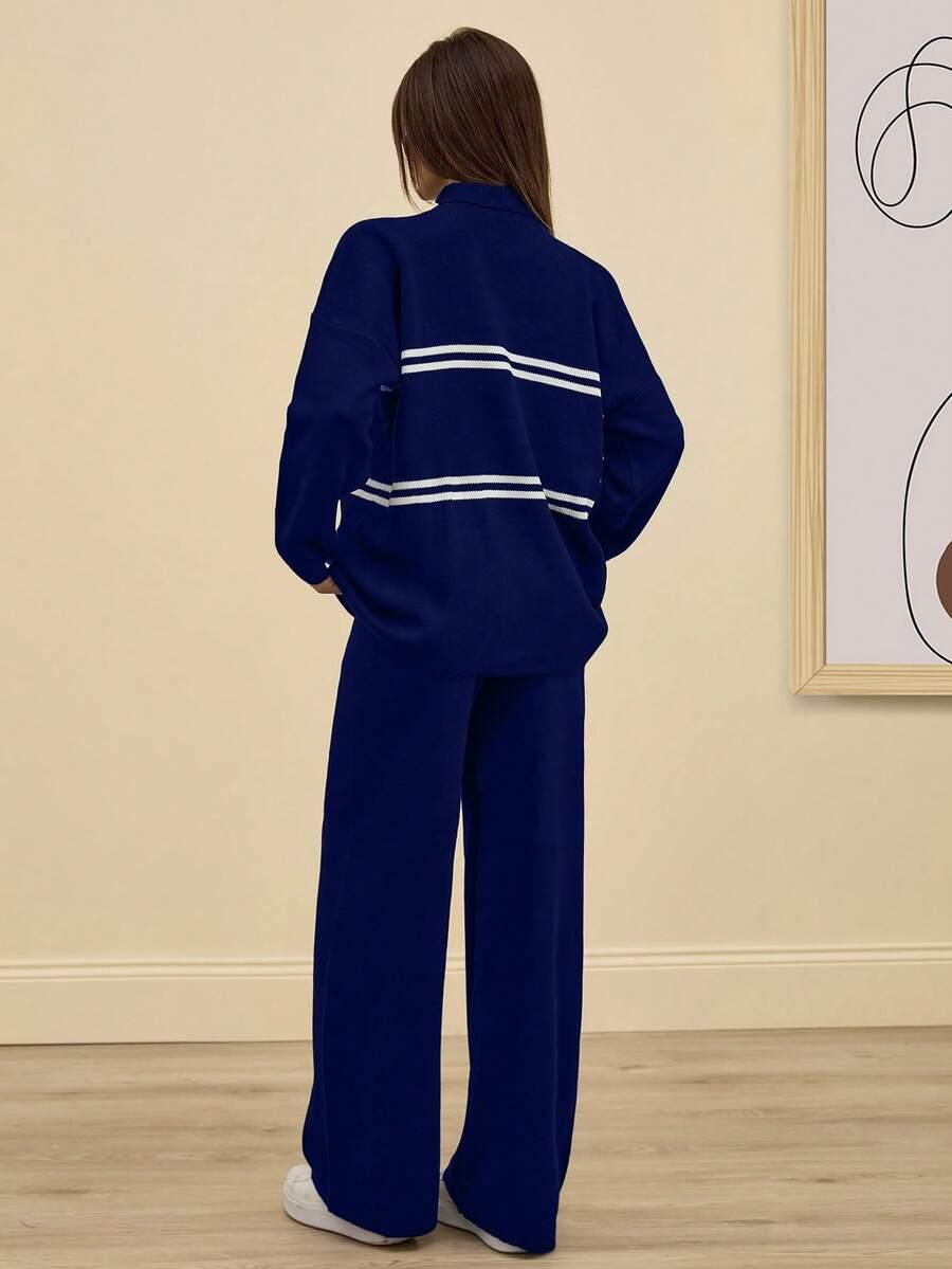 SHEIN DZIANINOWY GRANATOWY KOMPLET SWETER PASKI SPODNIE S06__S