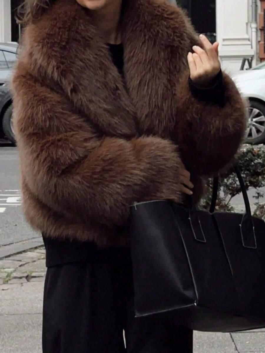 SHEIN BRĄZOWE SZTUCZNE FUTRO W01__M