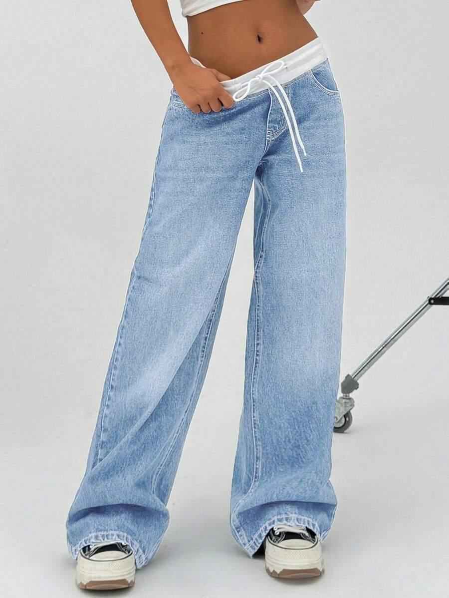 SHEIN SPODNIE BAGGY JEANS WIĄZANIE S06__XS