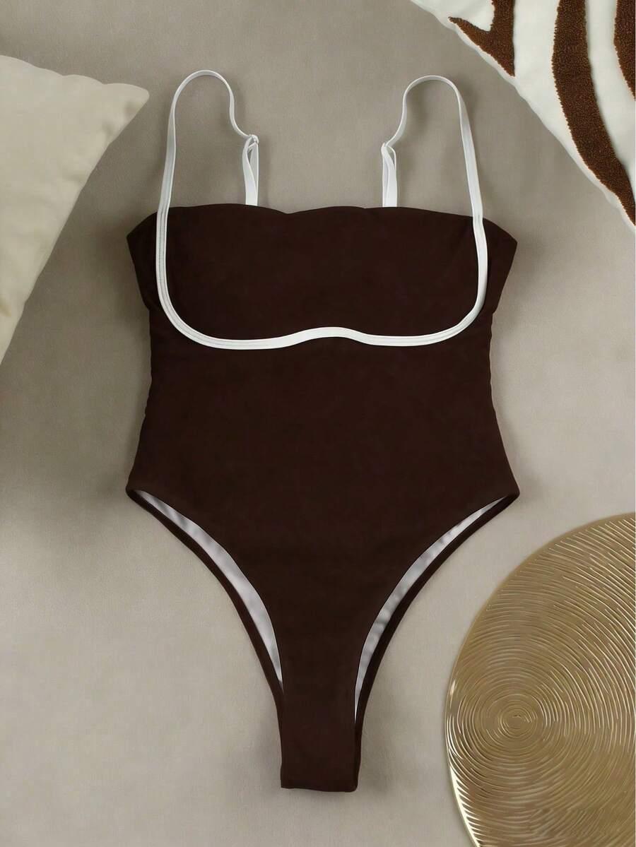 SHEIN BRĄZOWY JEDNOCZĘŚCIOWY STRÓJ KĄPIELOWY S09__L