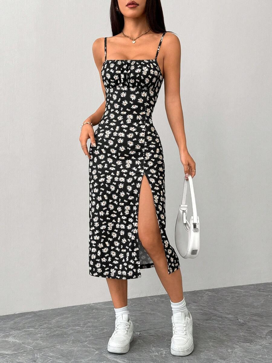 SHEIN CZARNA MIDI SUKIENKA KWIATY S06__XXS