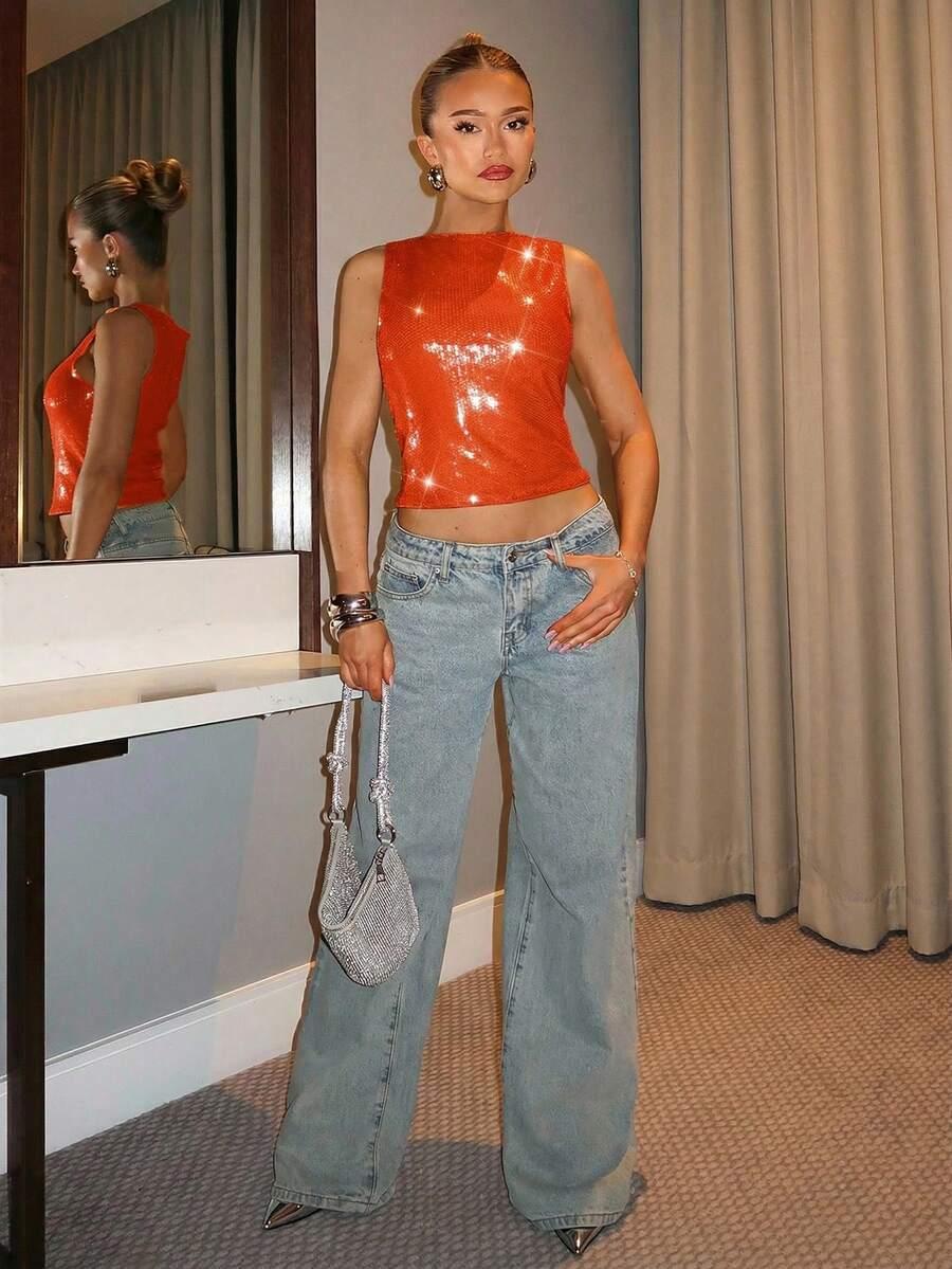 SHEIN POMARAŃCZOWY TOP CEKINY S06__M