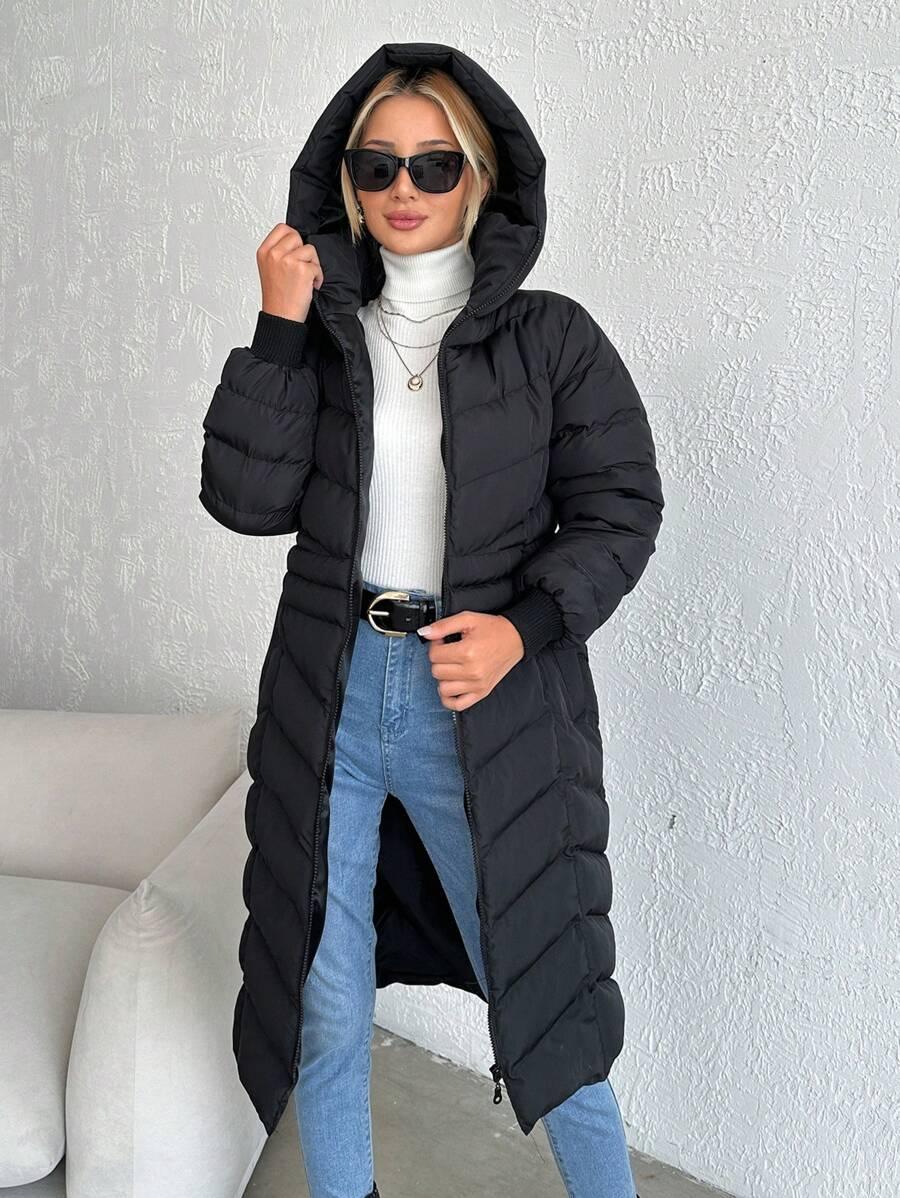 SHEIN CZARNA PIKOWANA KURTKA KAPTUR W01__L