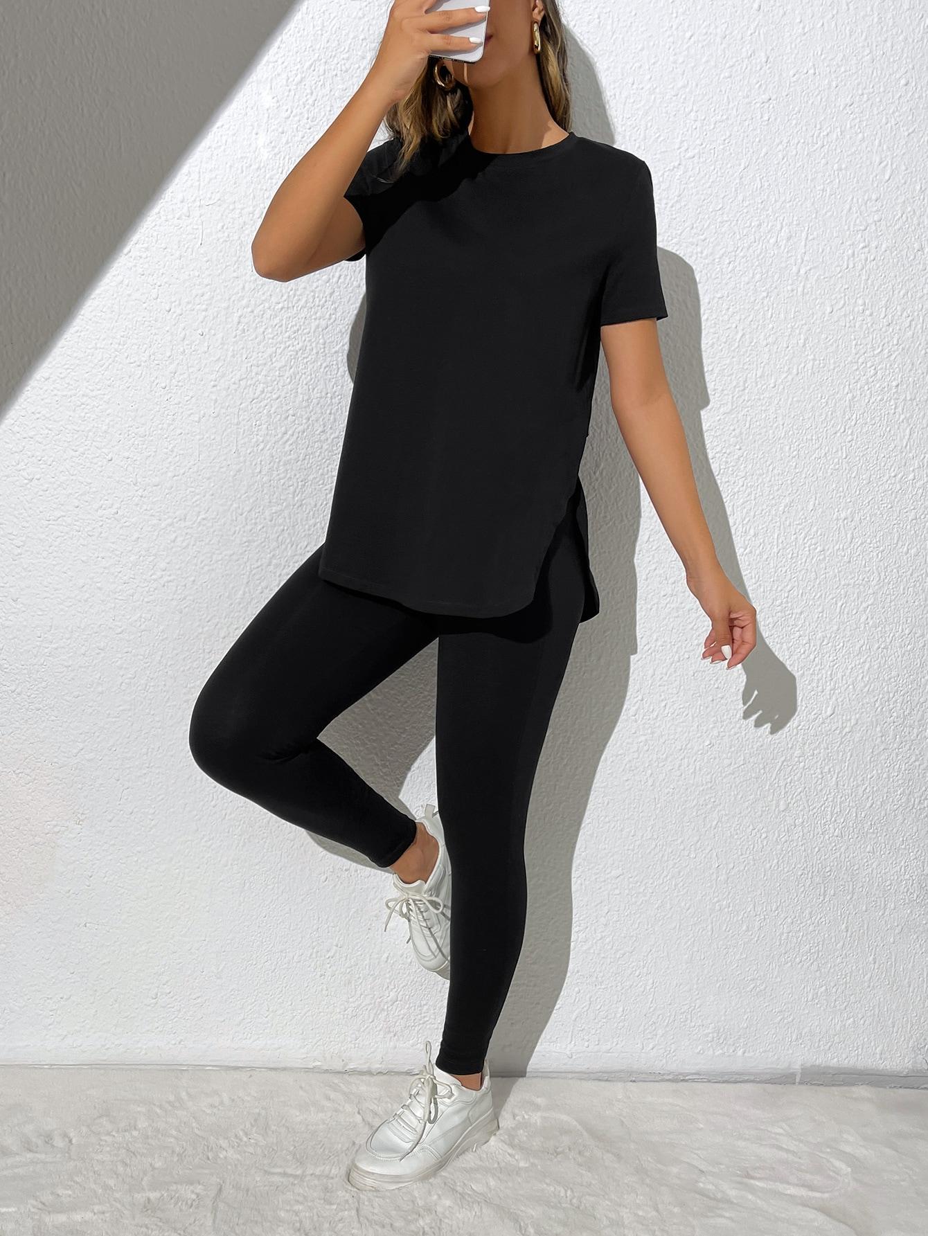 SHEIN CZARNY T-SHIRT LEGGINSY KOMPLET S06__L