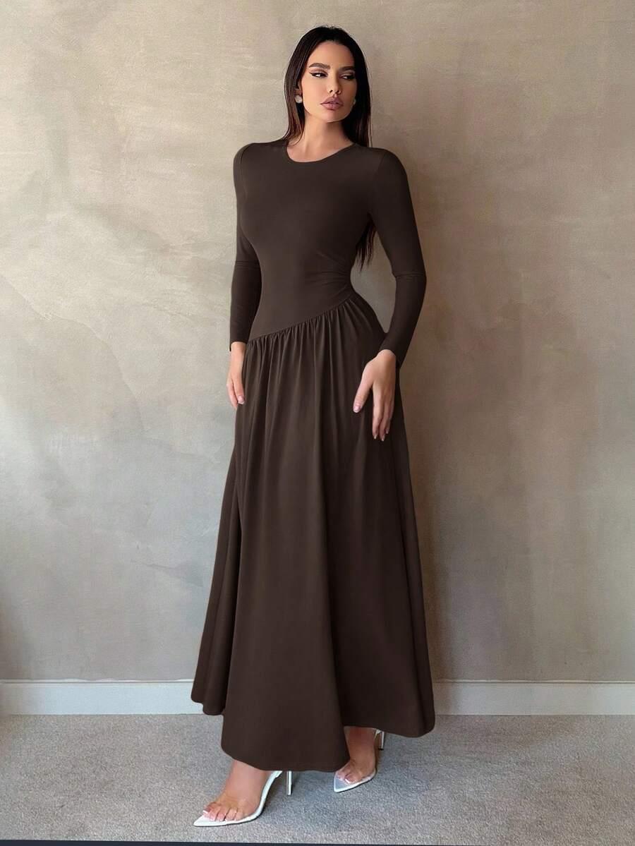 SHEIN BRĄZOWA MAXI SUKIENKA S06__L