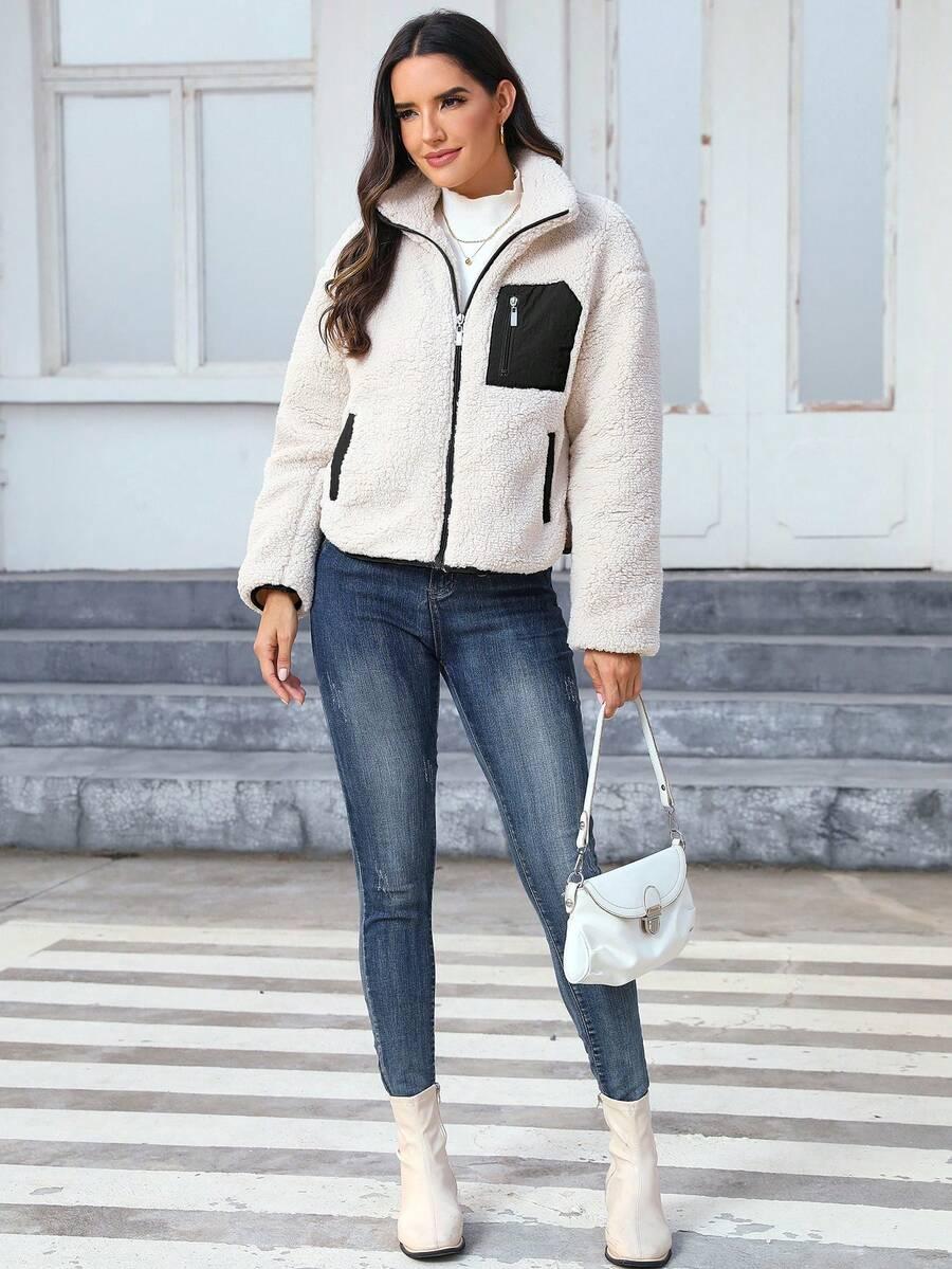 SHEIN BEŻOWA BLUZA ZAPINANA KISZEŃ S06__XS
