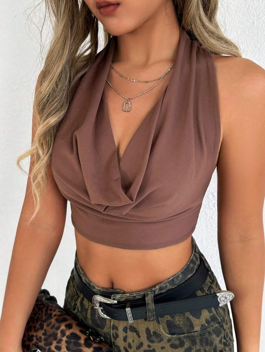 SHEIN BRĄZOWY TOP WIĄZANIE S06__M