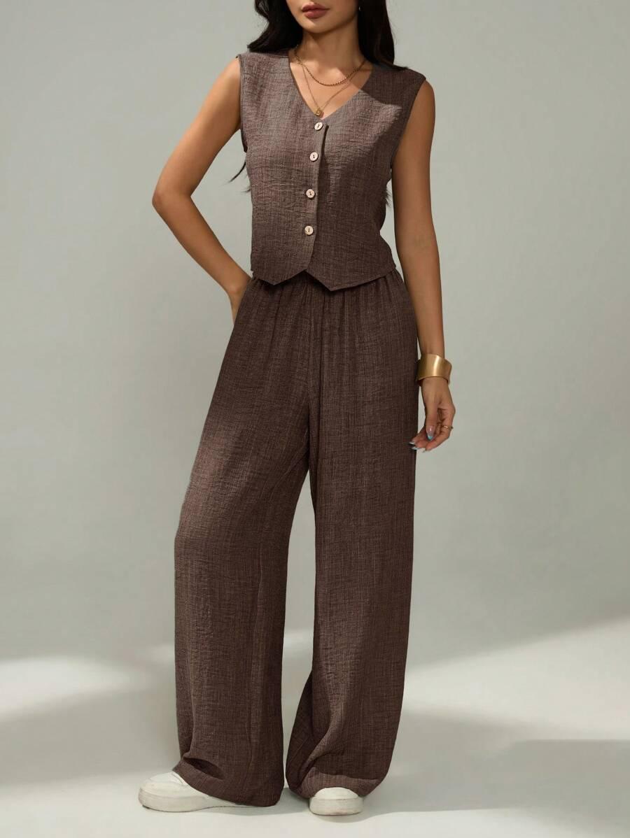 SHEIN BRĄZOWA KAMIZELKA GUZIKI V-NECK S06__S