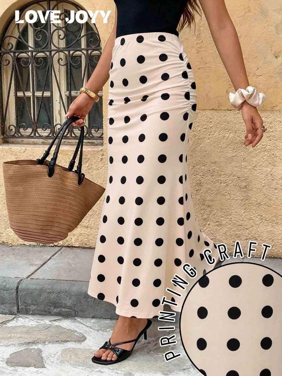 SHEIN KREMOWA MAXI SPÓDNICA WZÓR GROSZKI S06__M