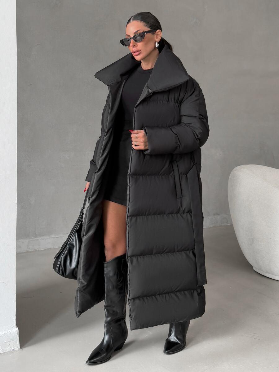 SHEIN DŁUGA PIKOWANA CZARNA KURTKA PK01__50