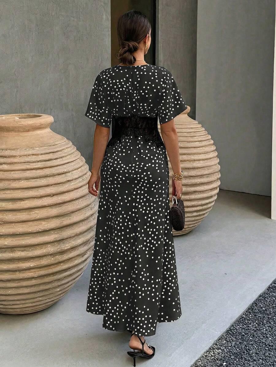 SHEIN MAXI SUKIENKA WZÓR GROSZKI KORONKA S09__L