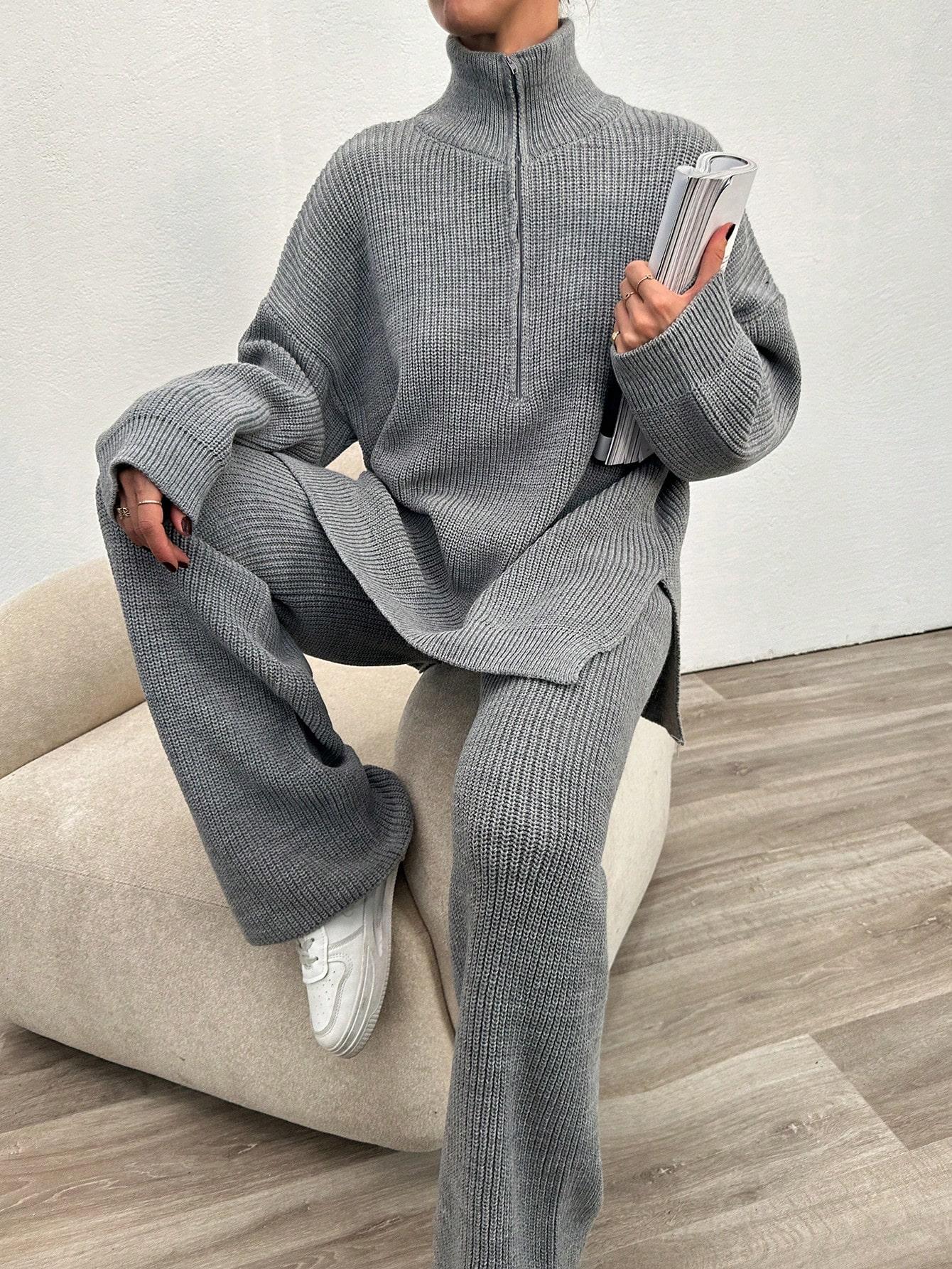 SHEIN DZIANINOWY SZARY KOMPLET SWETER SPODNIE S06__M