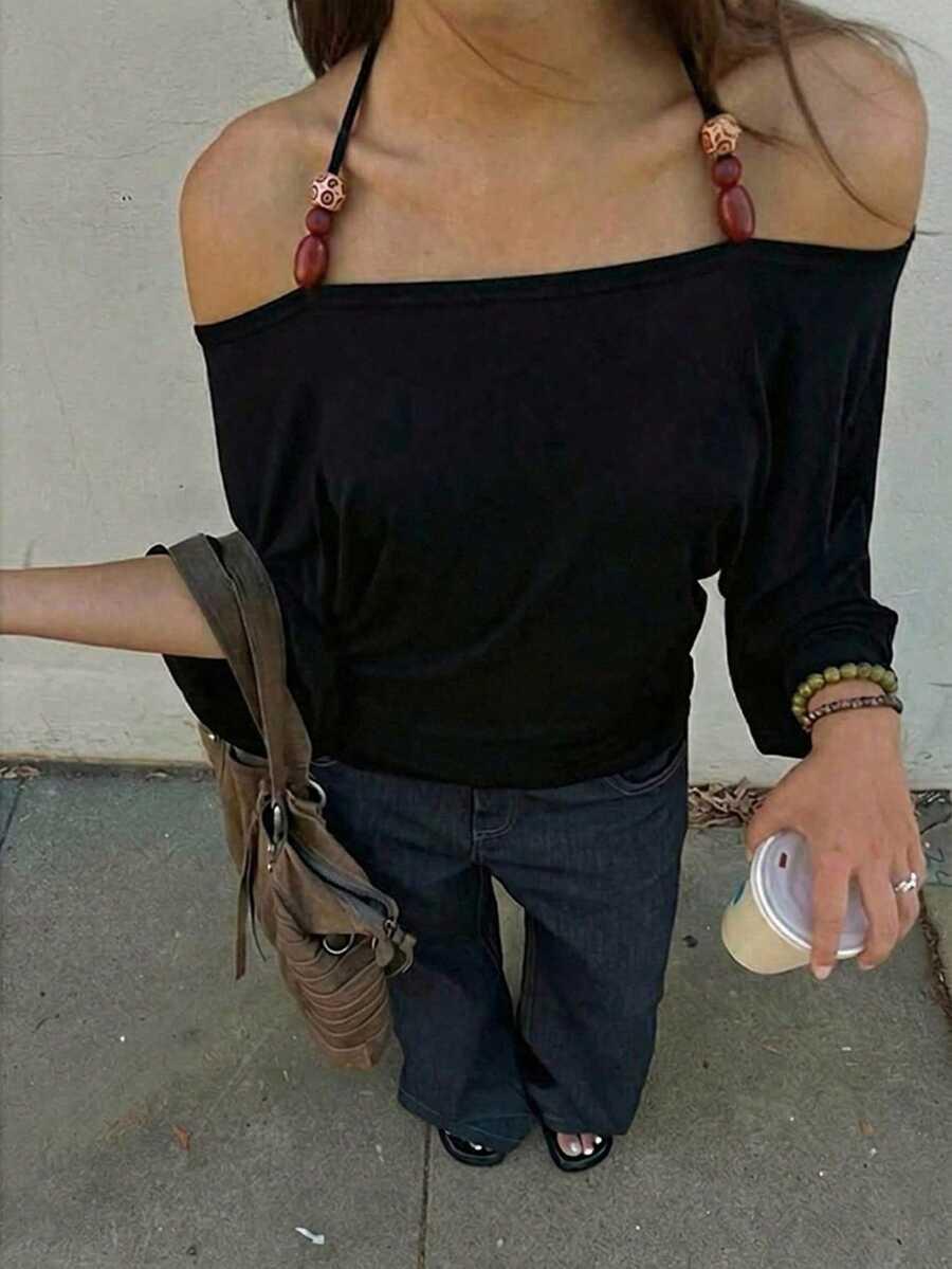 SHEIN CZARNA BLUZKA ODKRYTE RAMIONA S06__XS