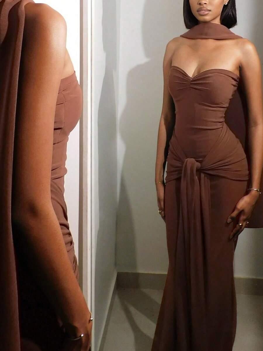 SHEIN BRĄZOWA MAXI SUKIENKA S06__S