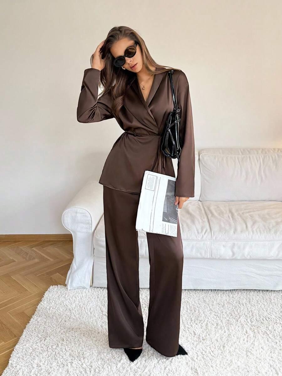 SHEIN BRĄZOWY KOMPLET BLUZKA SPODNIE S06__M