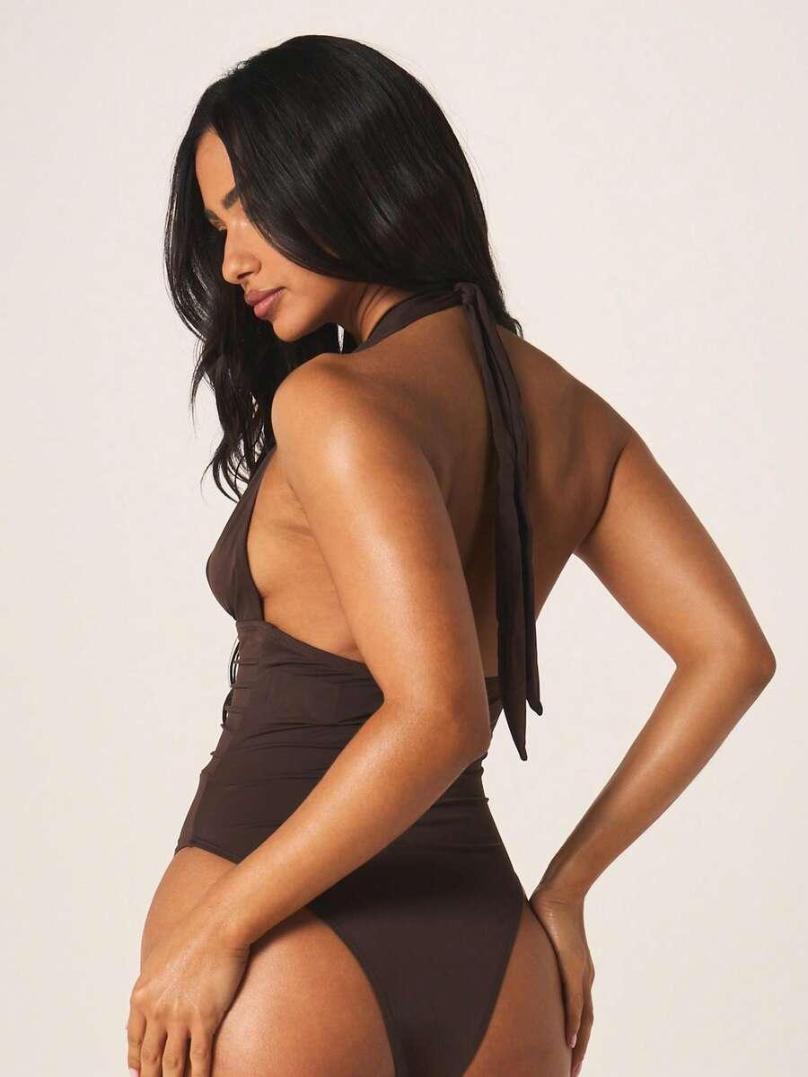 MISSGUIDED BRĄZOWY JEDNOCZĘŚCIOWY STRÓJ KĄPIELOWY S09__M