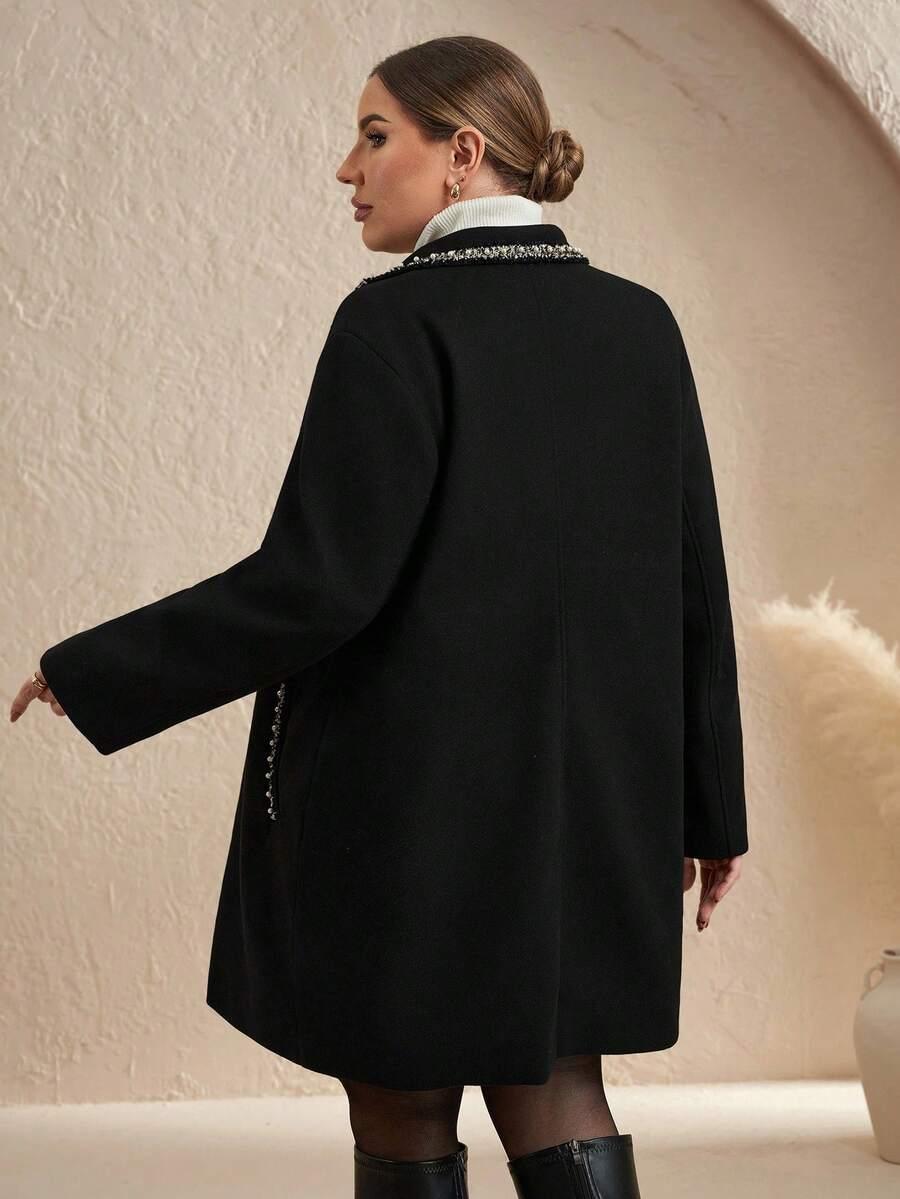 SHEIN CZARNY PŁASZCZ PRZED KOLANA ZDOBIENIE W01__48