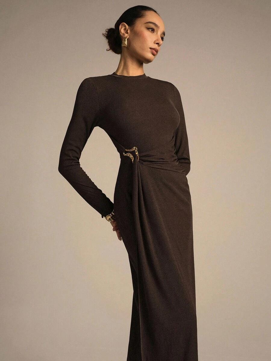 SHEIN BRĄZOWA MAXI SUKIENKA S06__S