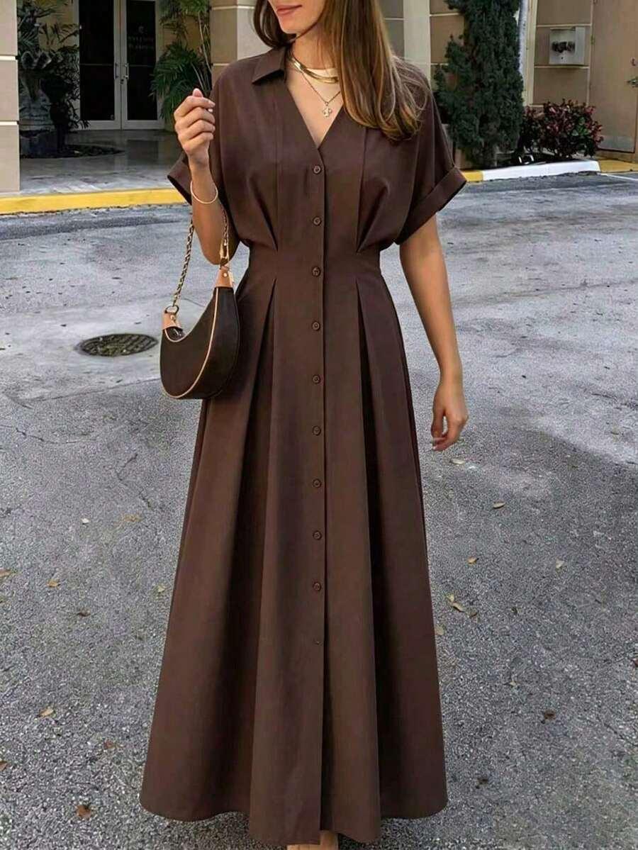 SHEIN BRĄZOWA MAXI SUKIENKA KRÓTKI RĘKAW S06__L