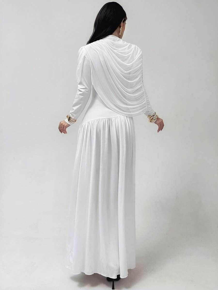 SHEIN BIAŁA MAXI SUKIENKA Z DŁUGIM RĘKAWEM S06__L