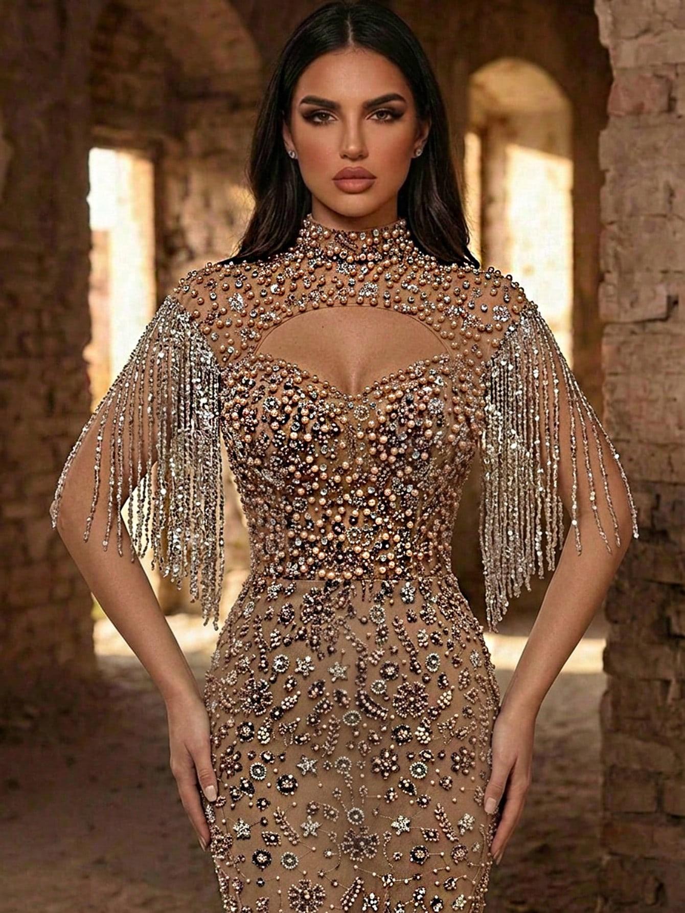 SHEIN BRĄZOWA MAXI SUKIENKA ZDOBIENIE S06__M