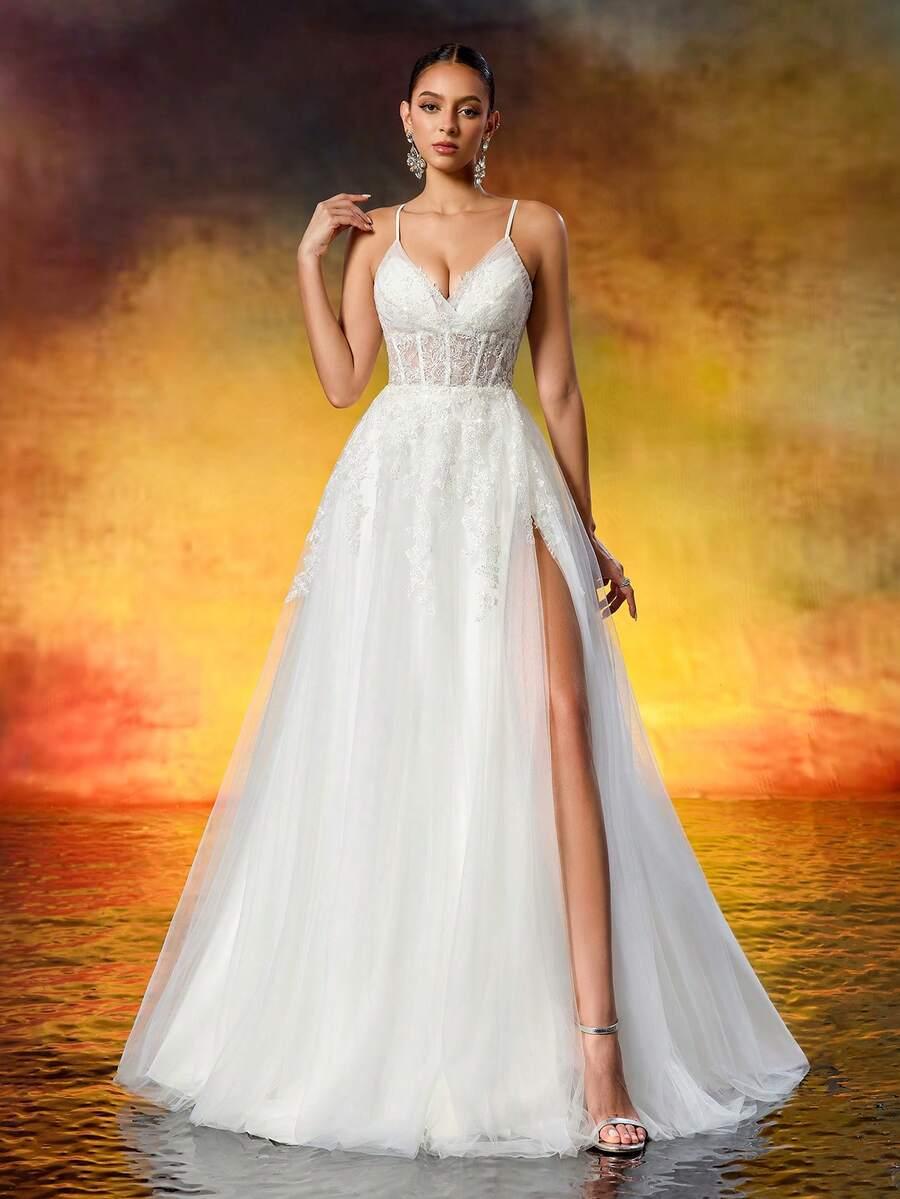 SHEIN BIAŁA MAXI SUKNIA ŚLUBNA ZDOBIENIE S06__40
