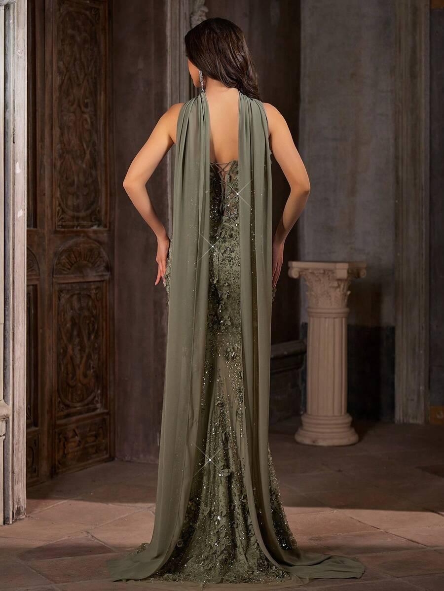 SHEIN ZIELONA MAXI SUKIENKA ZDOBIENIA S09__M