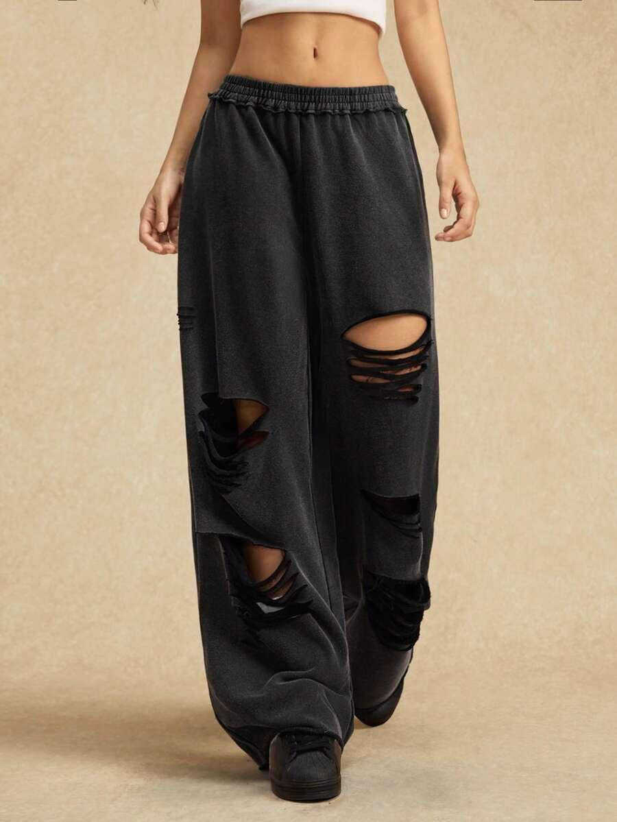 SHEIN CZARNE SPODNIE DRESOWE PRZETARCIA S06__L