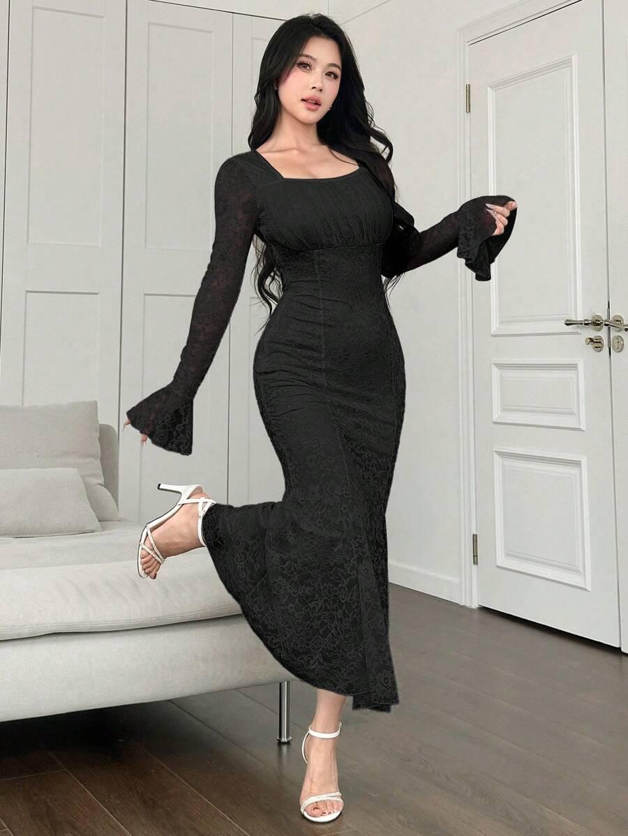SHEIN CZARNA MAXI SUKIENKA KORONKA S06__M
